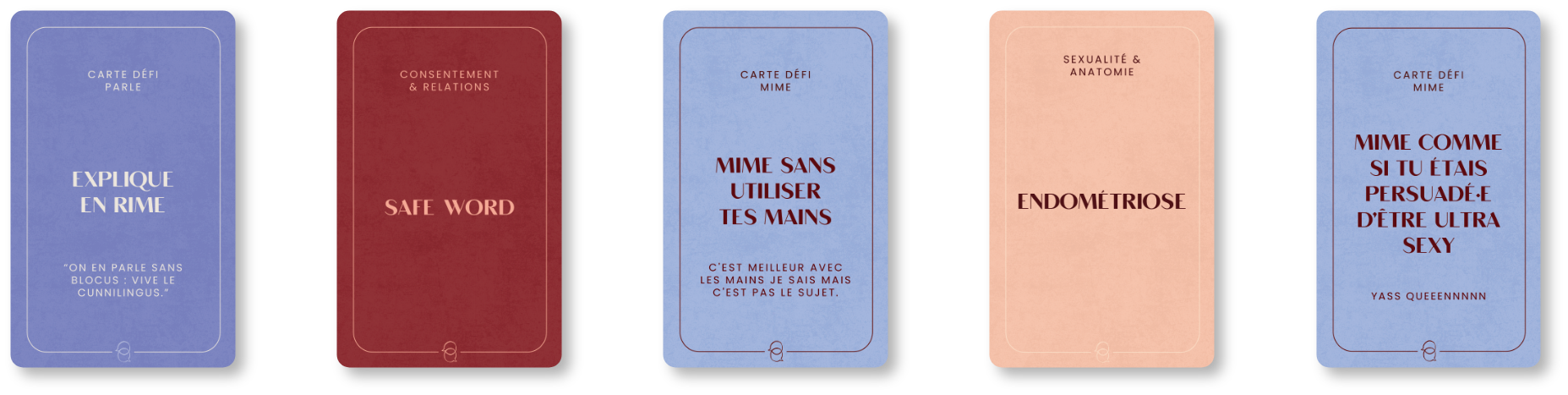 Cartes du jeu L'Apéro Sexo étalées : questions et défis sur la sexualité, l'intimité et les relations